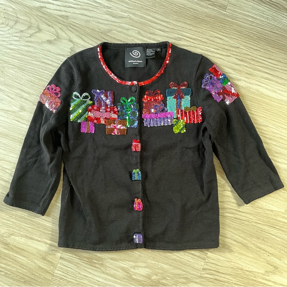 Michael Simon Embroidered Presents Cardigan Sweater Size Medium